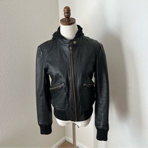 EUC Doma Women's Black Leather Jacket Bomber Elastic‎ Waist, Large